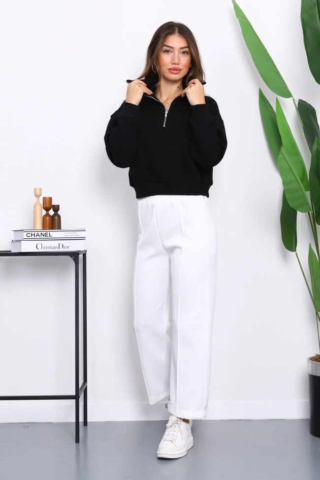 Siyah Önü Fermuarlı Üç İplik Crop Sweat