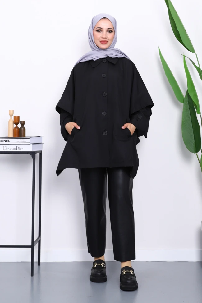 Siyah Oversize Düğmeli Panço Trenç
