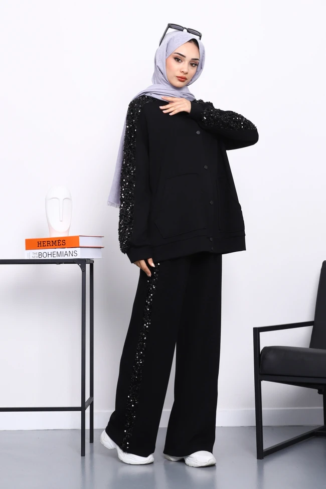 Siyah Pul Payetli Tunik Pantolonlu Takım