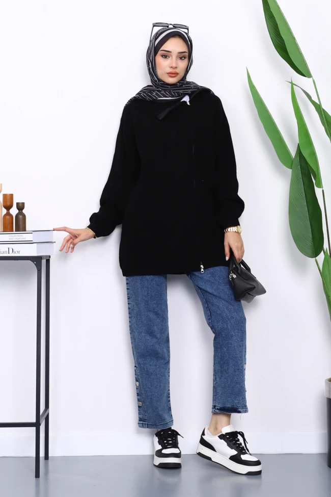Siyah Selanik Örgülü Fermuarlı Triko Hırka