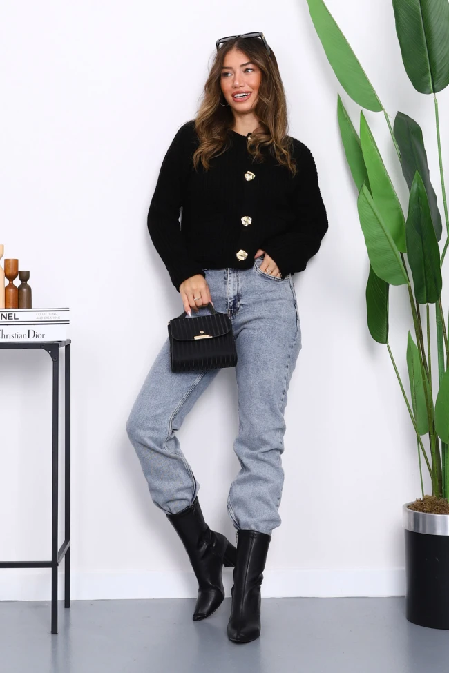 Siyah Selanik Örgülü Kısa Triko Hırka