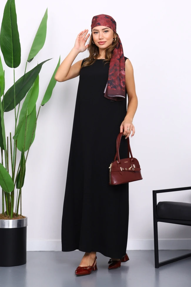 Siyah Sıfır Kol Ayrobin Tesettür İçlik Elbise