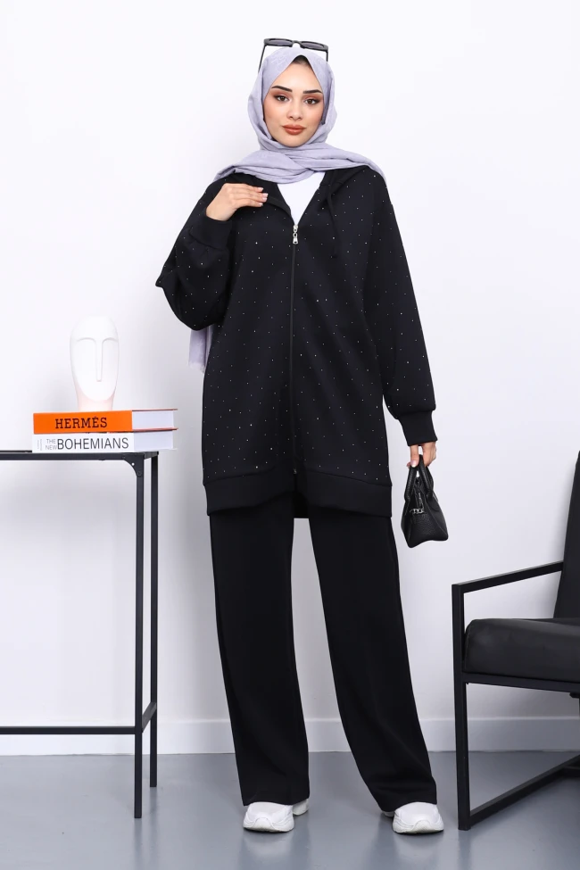 Siyah Taşlı Scuba Tunik Pantolonlu Takım