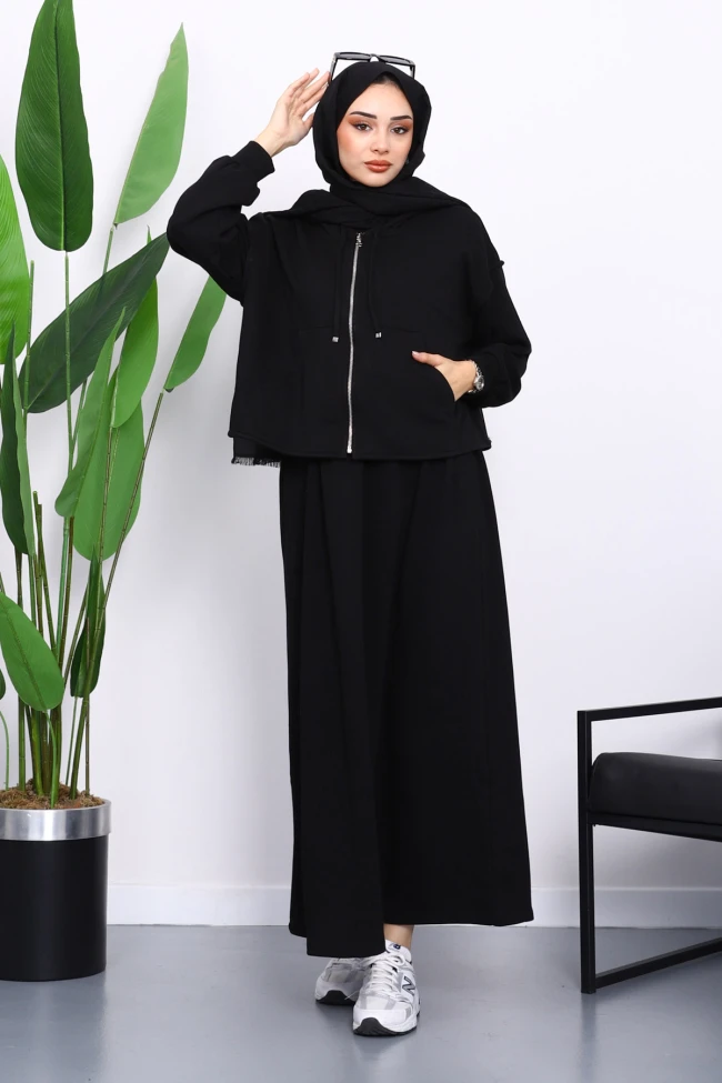 Siyah Üç İplik Sweat Hırka Elbise Kombin Takım