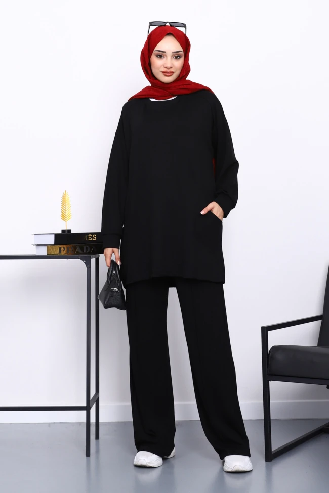 Siyah Yan Cepli Omuz Parçalı Alt Çımalı Modal Takım