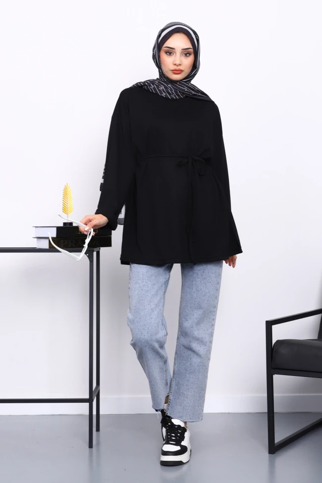 Siyah Yanları Yırtmaçlı Bel İpli Tunik