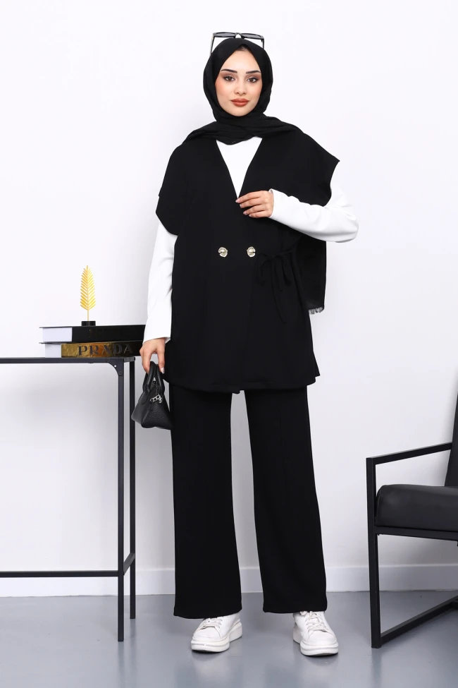 Siyah Yelekli Tunik Pantolon Üçlü Takım
