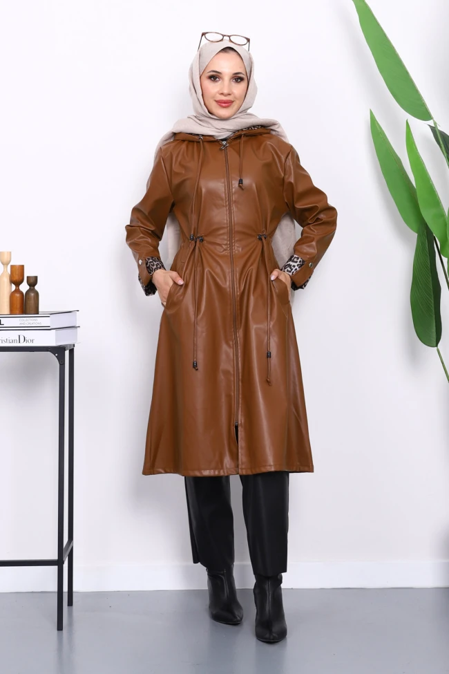 Taba Kapşonlu Kolu Katlı Deri Trençkot