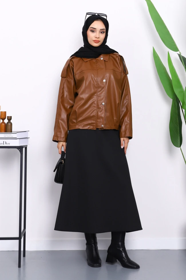 Taba Omuz Apoletli Deri Ceket