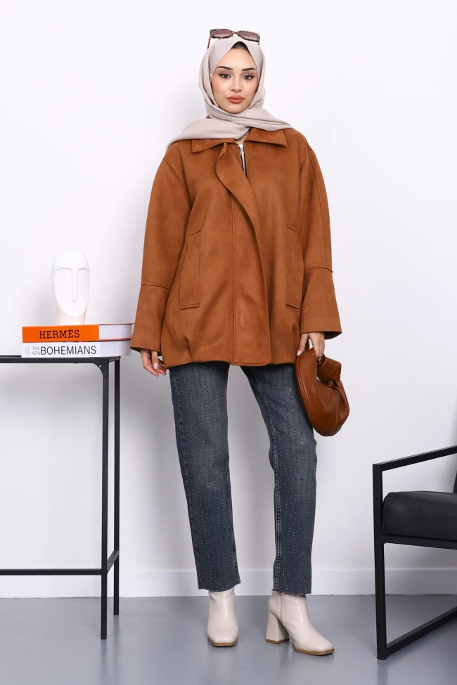 Taba Oversize Fermuarlı Süet Ceket