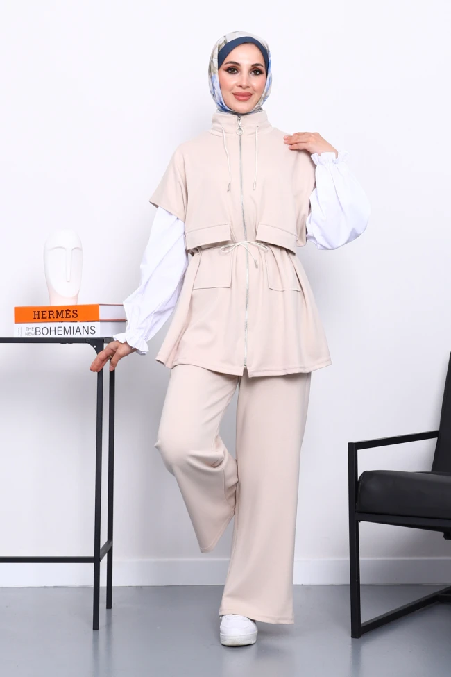 Taş Fermuarlı Yelek Pantolonlu Modal Takım