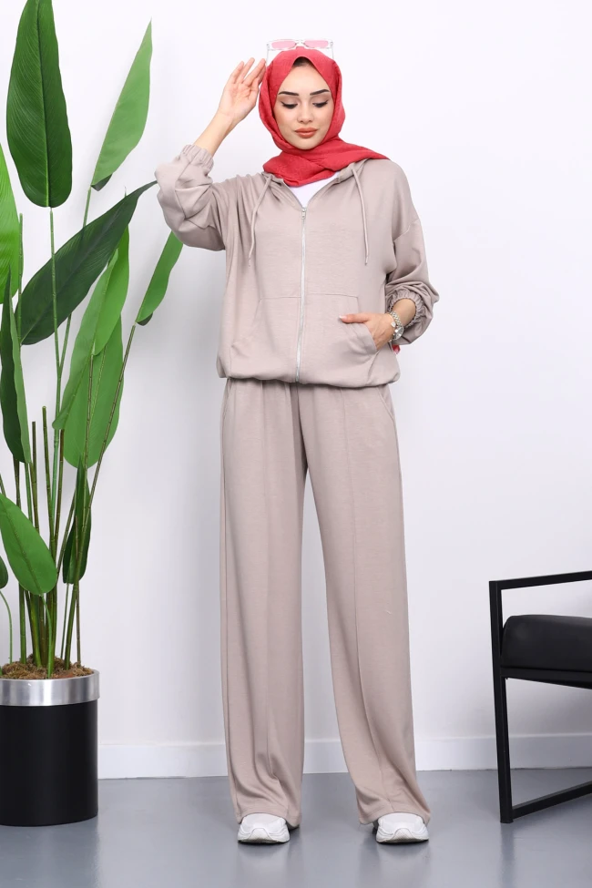 Taş Kapşonlu Fermuarlı Kanguru Cepli Modal Takım