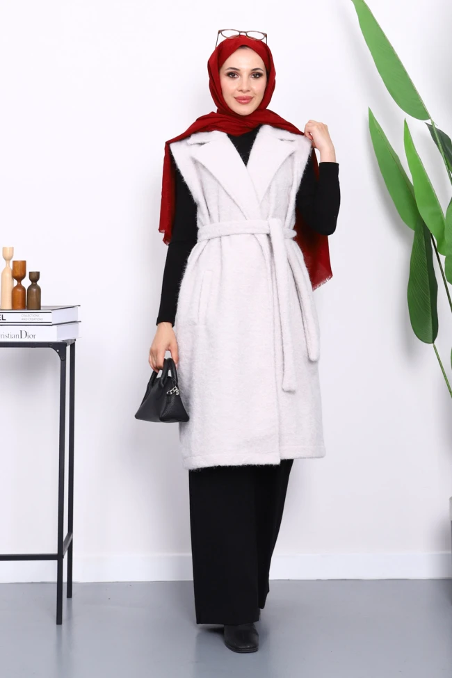 Taş Kruvaze Yaka Kuşaklı Keçe Yelek