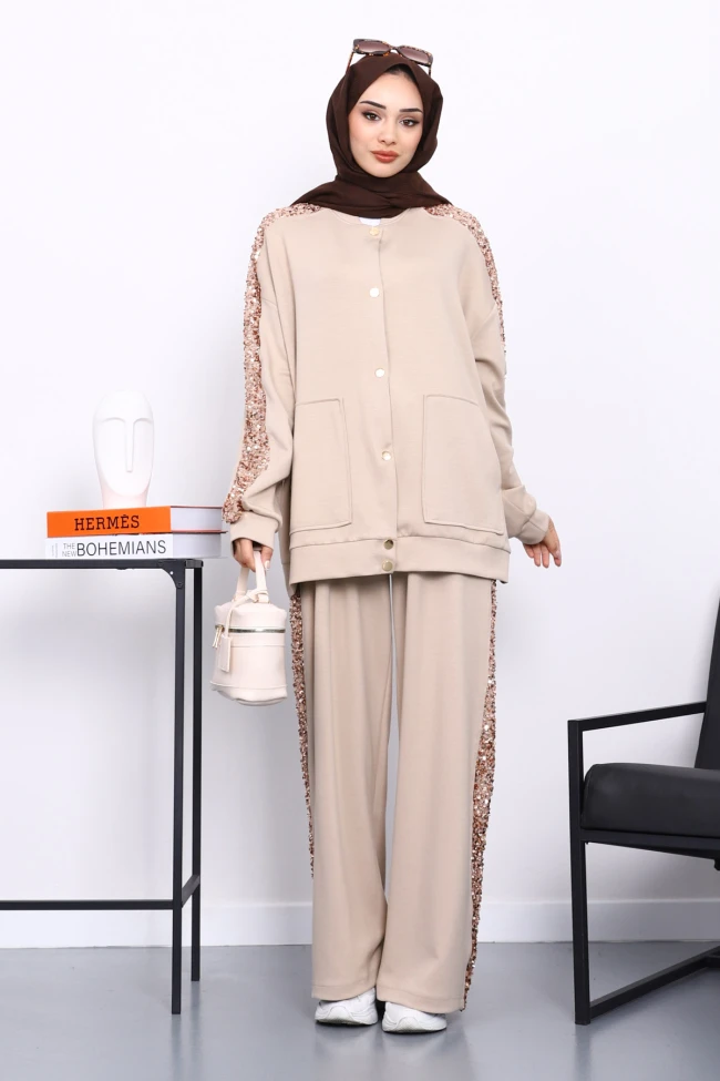 Taş Pul Payetli Tunik Pantolonlu Takım