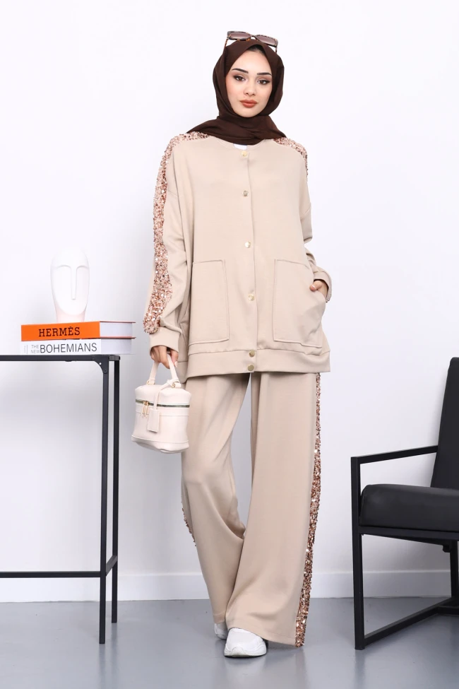 Taş Pul Payetli Tunik Pantolonlu Takım