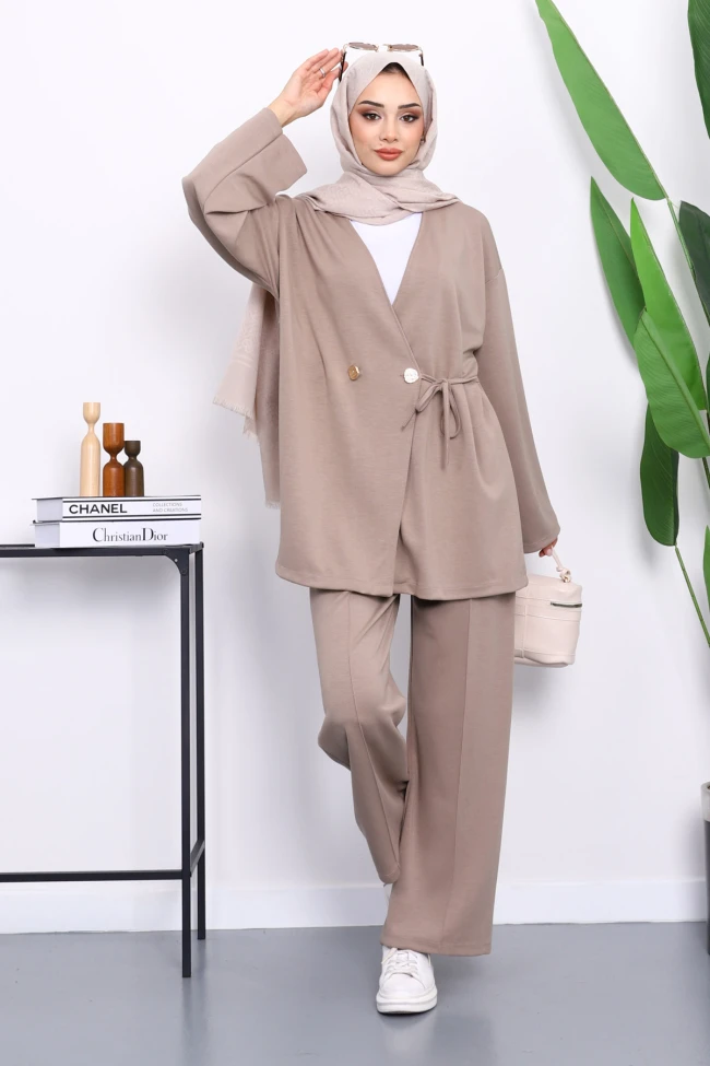 Vizon Bağlama Detaylı Tunik Pantolonlu Takım