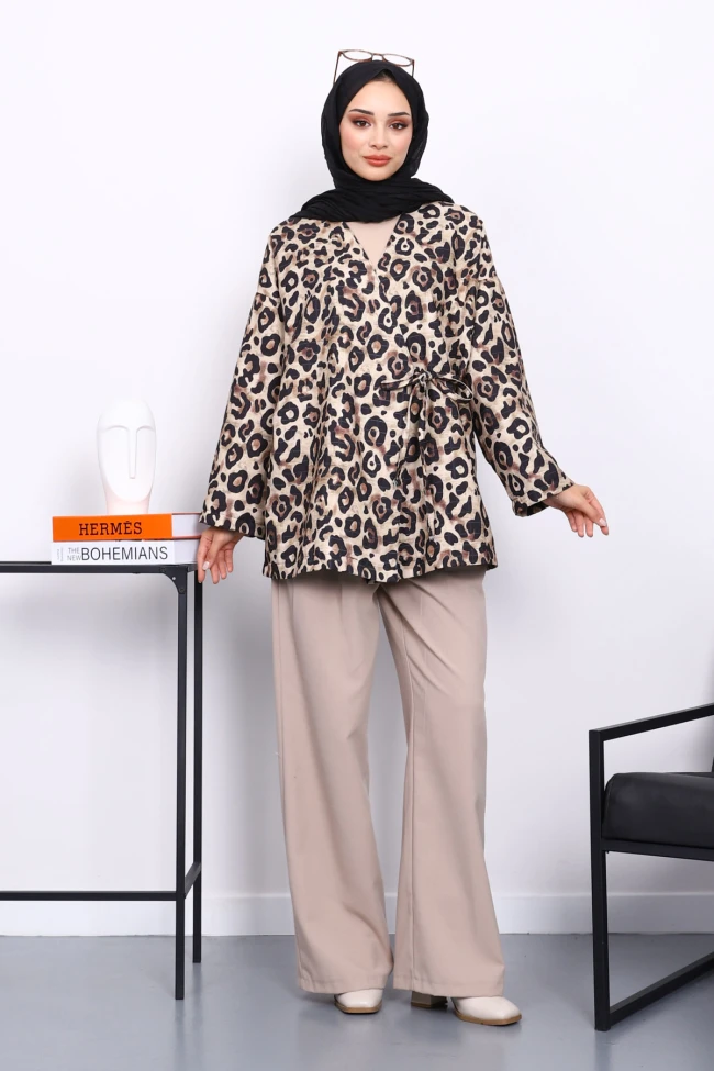 Vizon Etnik Desenli Yan Bağlamalı Kimono Ceket