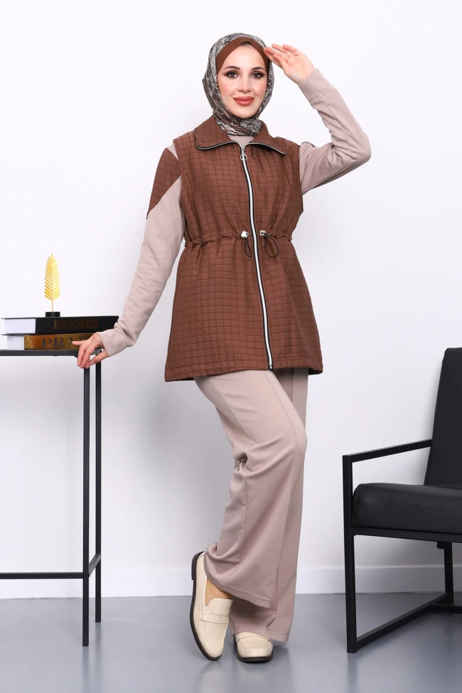 Vizon Kapitone Yelekli Tunik Pantolonlu Takım