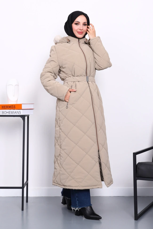 Vizon Kapüşonlu Kapitone Uzun Şişme Mont