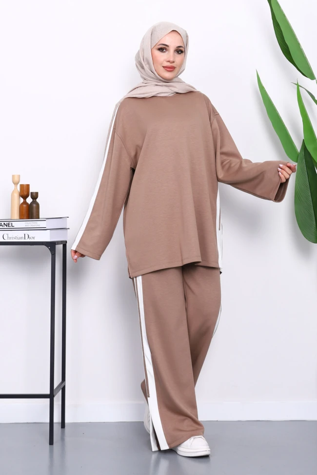 Vizon Renk Bloklu Tunik Pantolonlu Takım