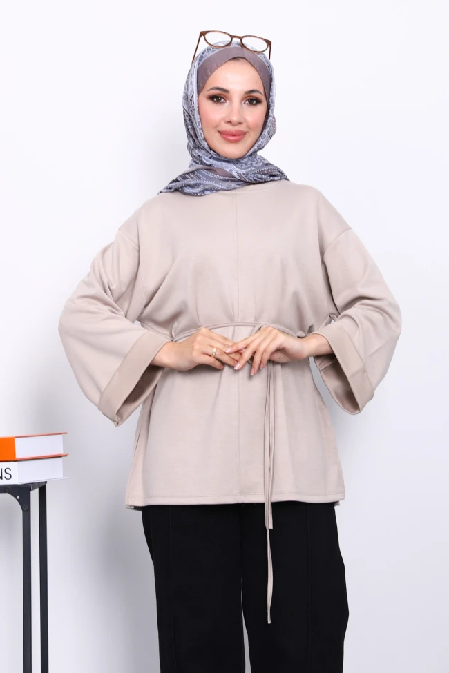 Vizon Yanları Yırtmaçlı Bel İpli Tunik