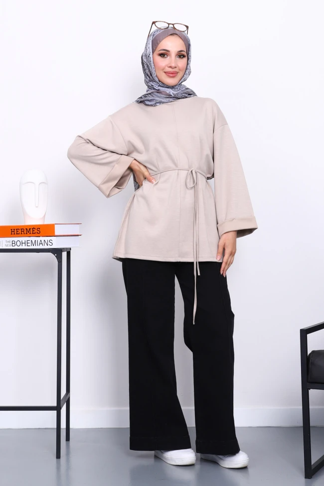 Vizon Yanları Yırtmaçlı Bel İpli Tunik