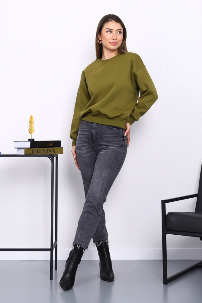 Yağ Yeşili Bisiklet Yaka Üç İplik Sweat