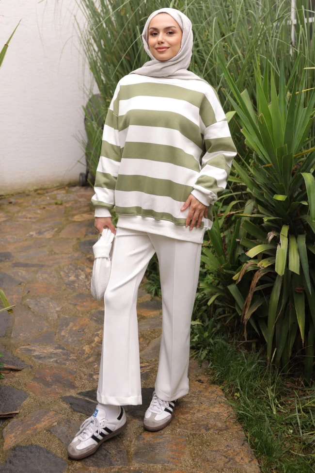 Yağ Yeşili Bisiklet Yaka Üç İplik Sweat