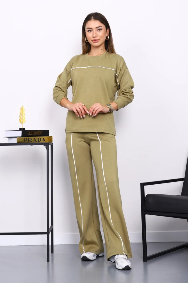 Yağ Yeşili Biye Detaylı Sweat Pantolonlu Takım