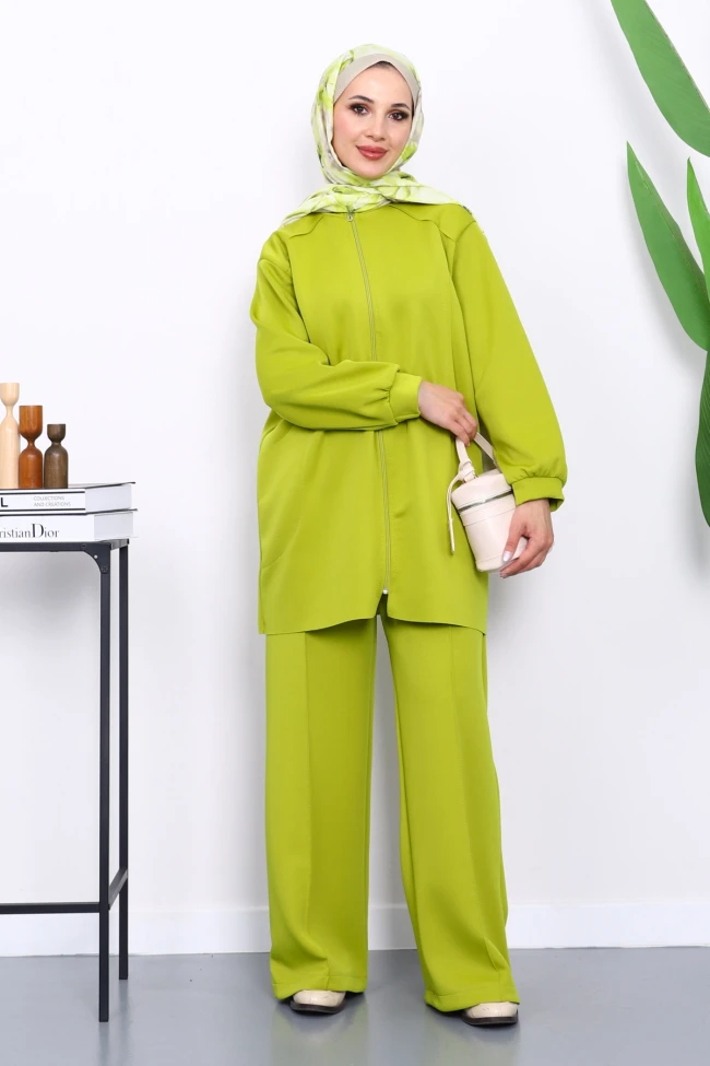 Yağ Yeşili Fermuarlı Tunik Pantolonlu Takım