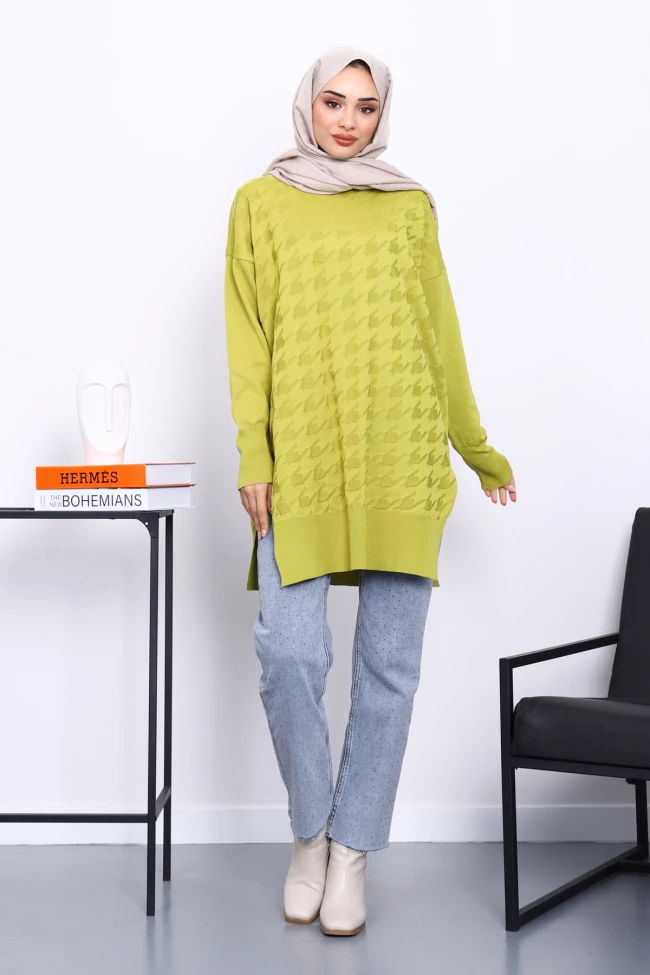 Yağ Yeşili Kazayağı Desenli Soğuk İplik Triko Tunik