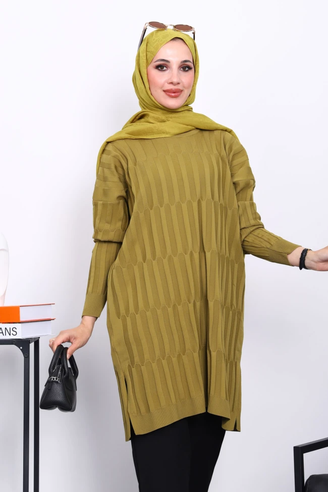Yağ Yeşili Soğuk İplik Merserize Triko Tunik