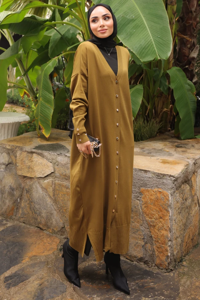 Yağ Yeşili Soğuk İplik Triko Hırka