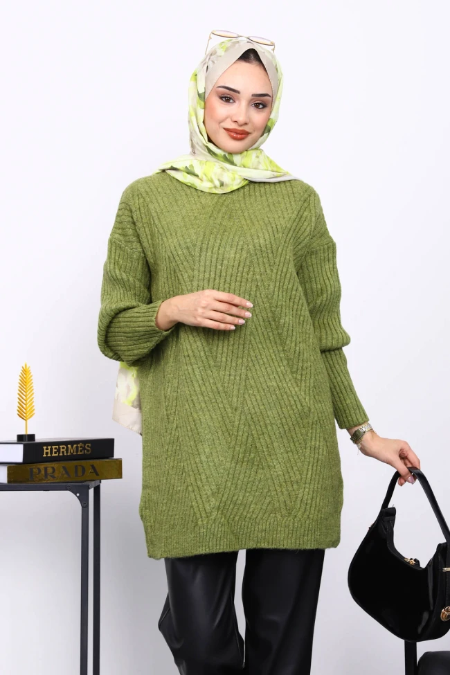 Yeşil Bisiklet Yaka Triko Kazak