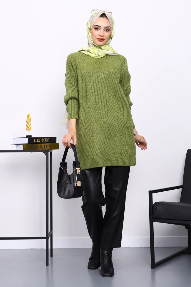 Yeşil Bisiklet Yaka Triko Kazak