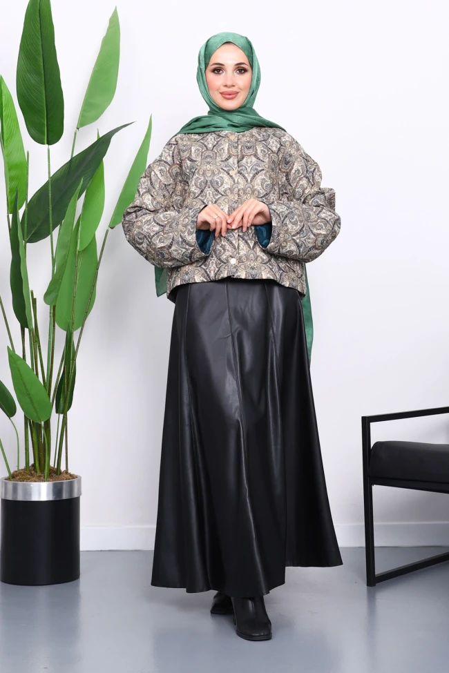 Yeşil Etnik Desenli Kısa Ceket