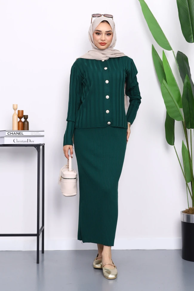 Zümrüt Yeşili Crop Hırka Triko Elbise İkili Kombin