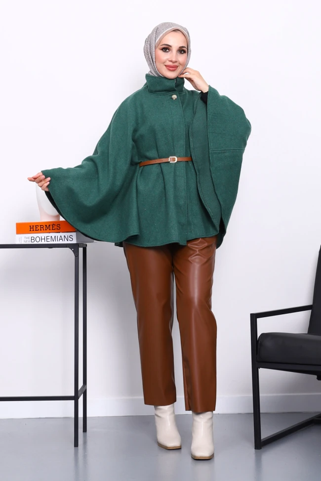 Zümrüt Yeşili Hakim Yaka Bel Kemerli Panço