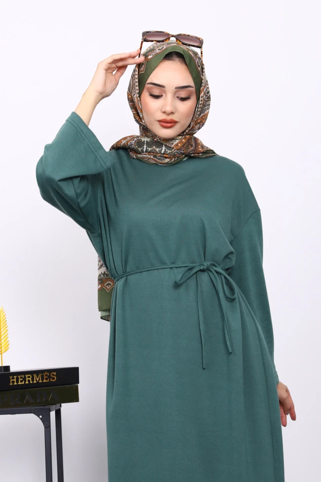 Zümrüt Yeşili İki İplik Modal Elbise