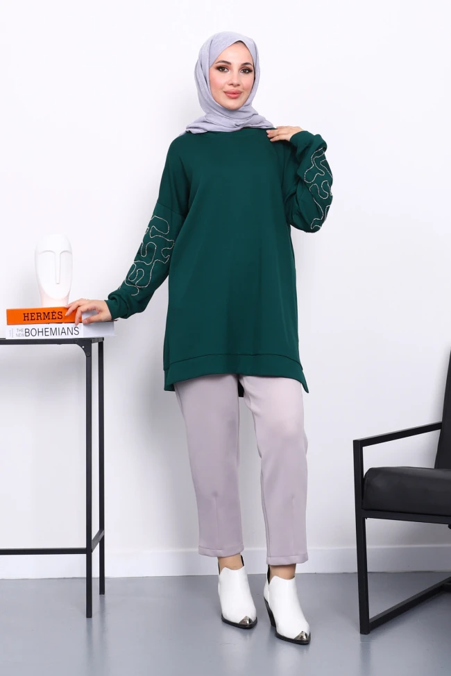 Zümrüt Yeşili Kolu İşlemeli Modal Tunik