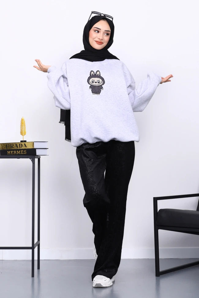 Açık Gri Bisiklet Yaka Üç İplik Sweat