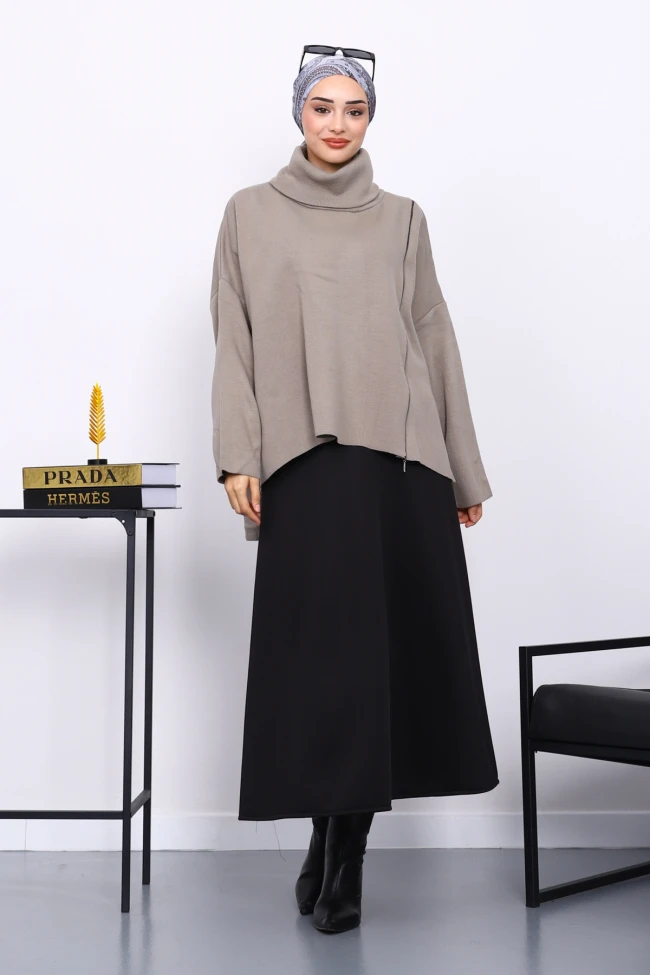 Açık Haki Balıkçı Yaka Fermuarlı Triko Tunik