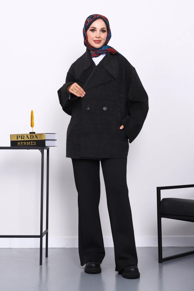 Antrasit Çift Cepli Düğmeli Kaşe Ceket