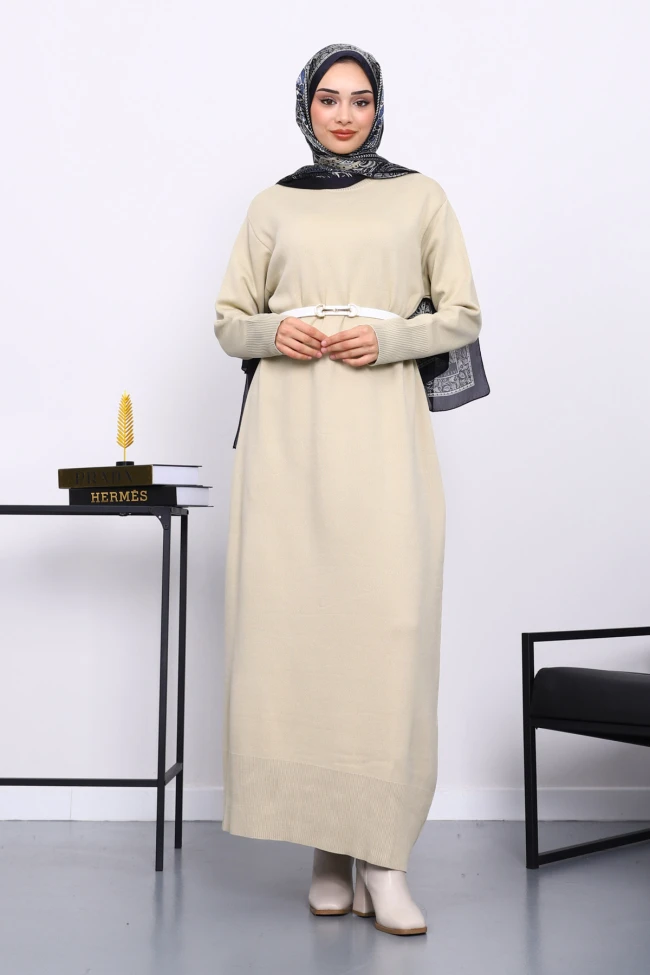 Bej Bisiklet Yaka Triko Elbise