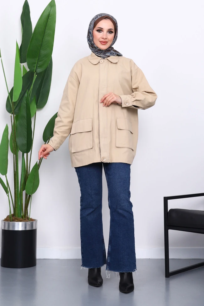 Bej Cep Detaylı Fermuarlı Gabardin Ceket