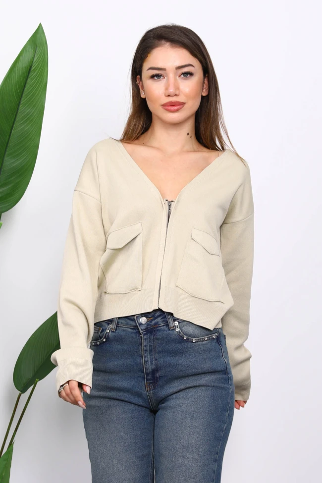 Bej Çift Cepli Fermuarlı Triko Hırka
