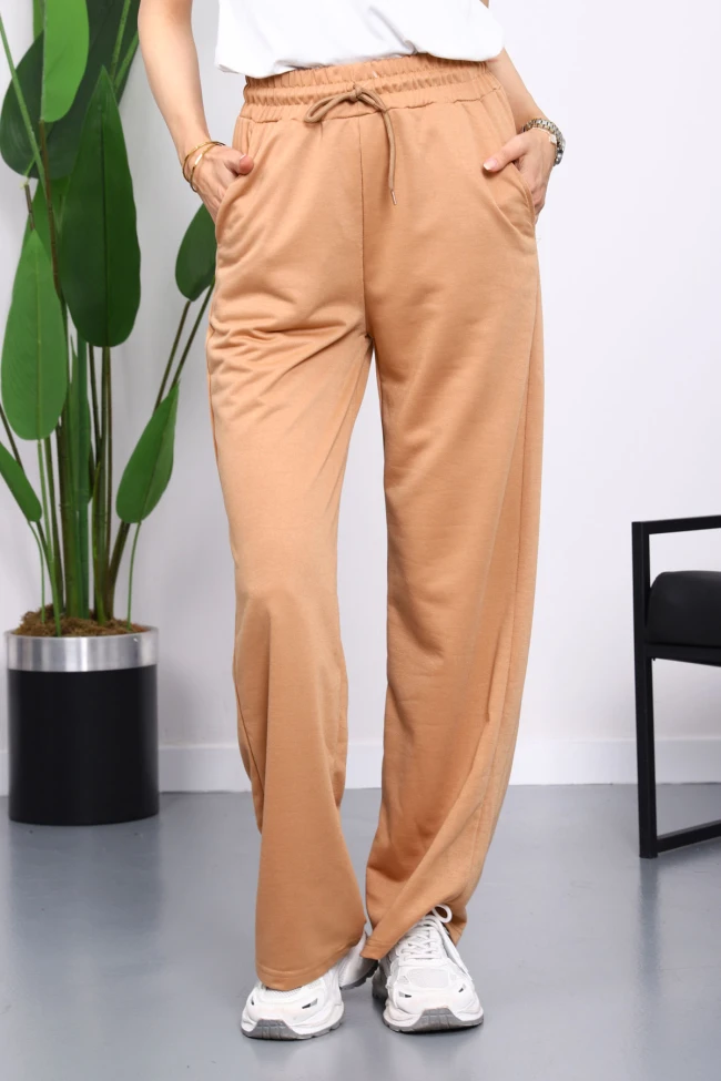 Bisküvi Bel Lastikli İki İplik Palazzo Eşofman Alt