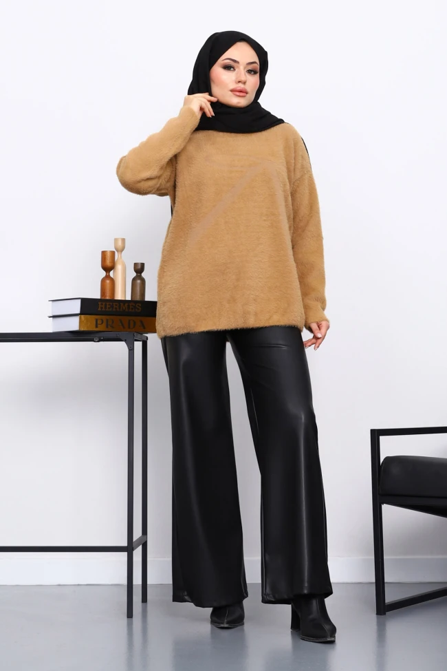 Bisküvi Bisiklet Yaka Desenli Angora Yumoş Triko Kazak