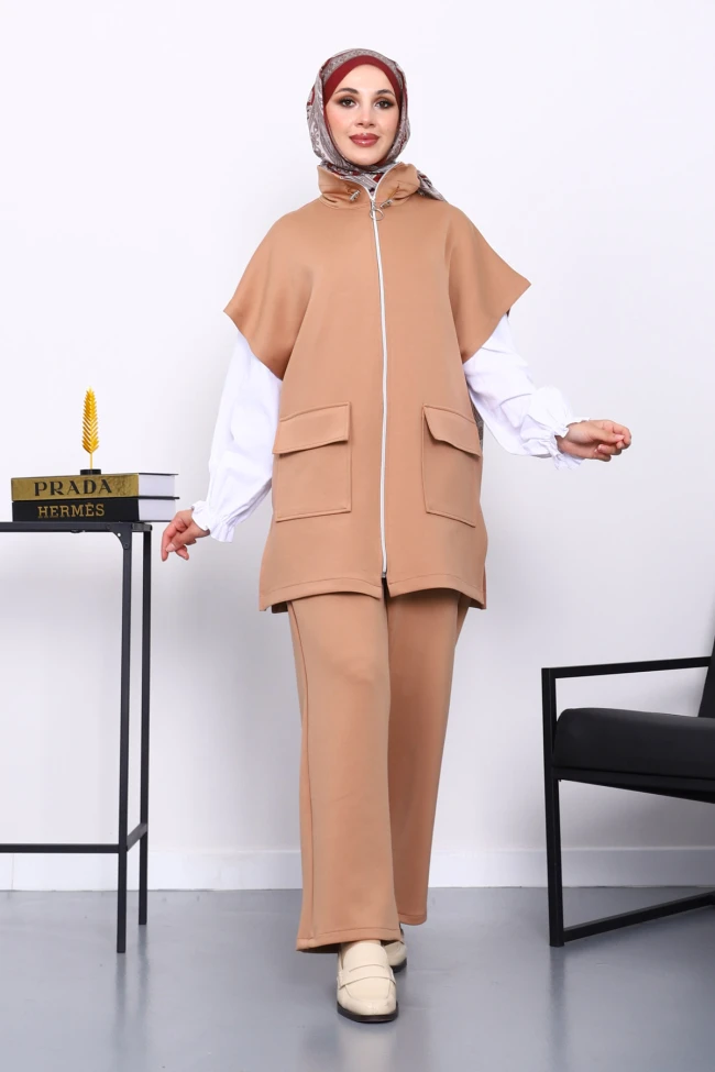 Bisküvi Fermuarlı Yelek Pantolonlu Scuba Takım