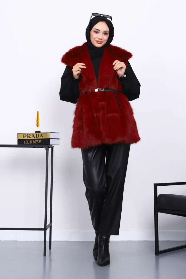 Bordo Astarlı Kemerli Kürk Yelek